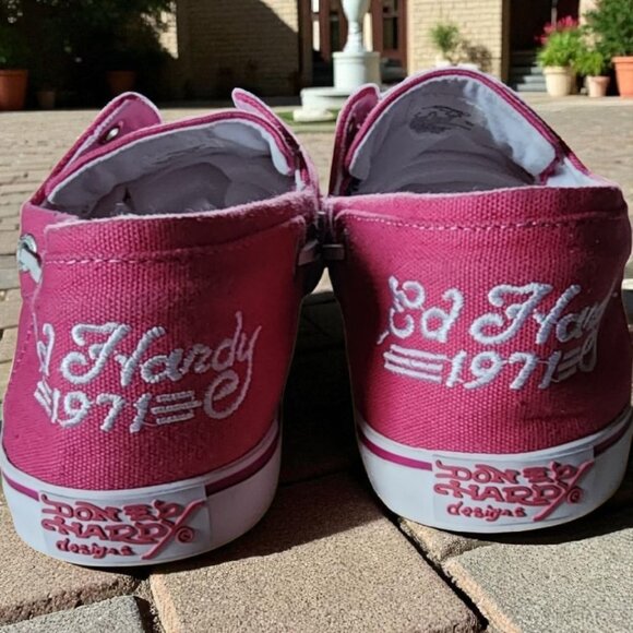 ED HARDY ( 9 ) CHRISTIAN AUDIGIER Embroidered Canvas Boat Shoes/Loafers in Pink - Picture 3 of 6